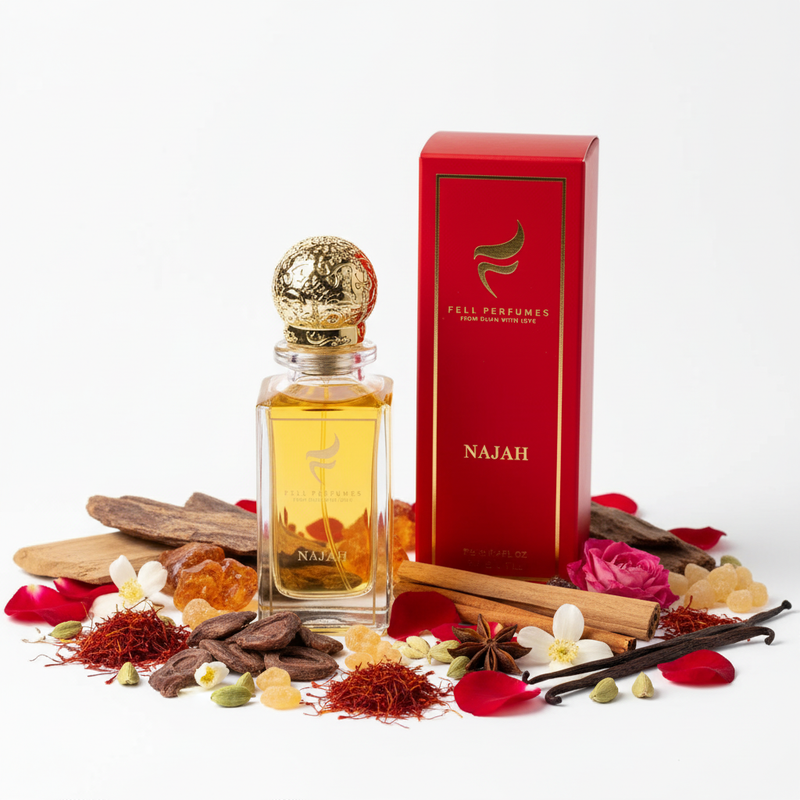 Fell Perfumes Najah cu fundal alb și ingrediente în jurul bazei