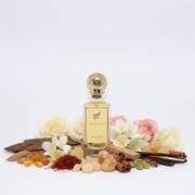 Fell Perfumes Najah sticla exactă din referință cu fundal alb și ingrediente în jurul bazei