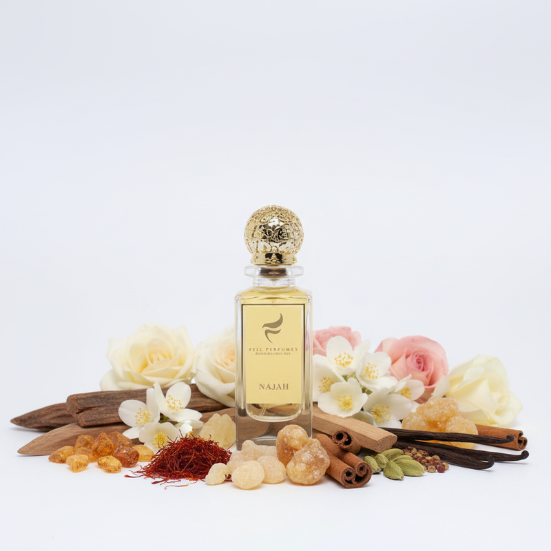 Fell Perfumes Najah sticla exactă din referință cu fundal alb și ingrediente în jurul bazei