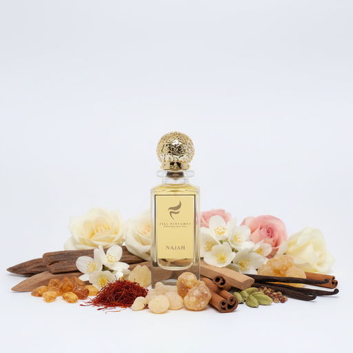 Fell Perfumes Najah sticla exactă din referință cu fundal alb și ingrediente în jurul bazei