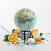 Frasco de perfume esférico artístico con ingredientes naturales