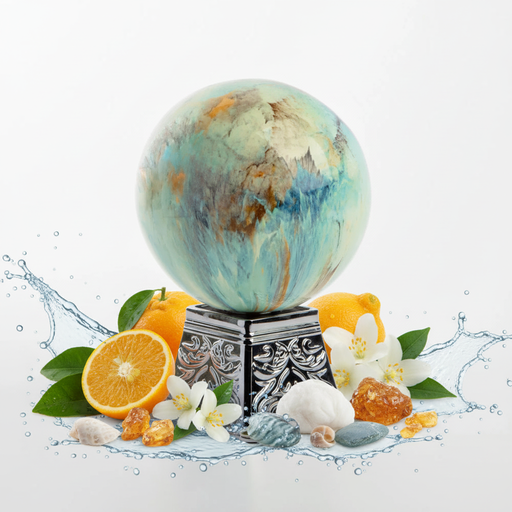 Frasco de perfume esférico artístico con ingredientes naturales