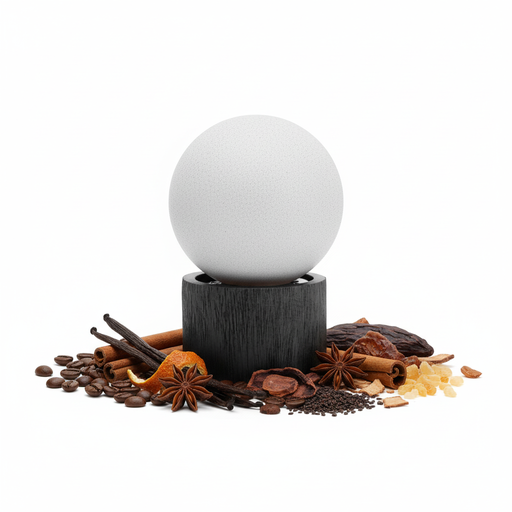 Frasco de perfume esférico minimalista con ingredientes naturales