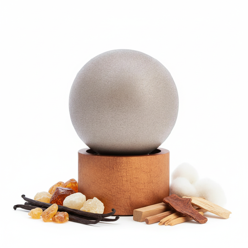 Frasco de perfume esférico minimalista con ingredientes naturales
