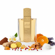 Gold perfume bottle with prominent fragrance ingredients