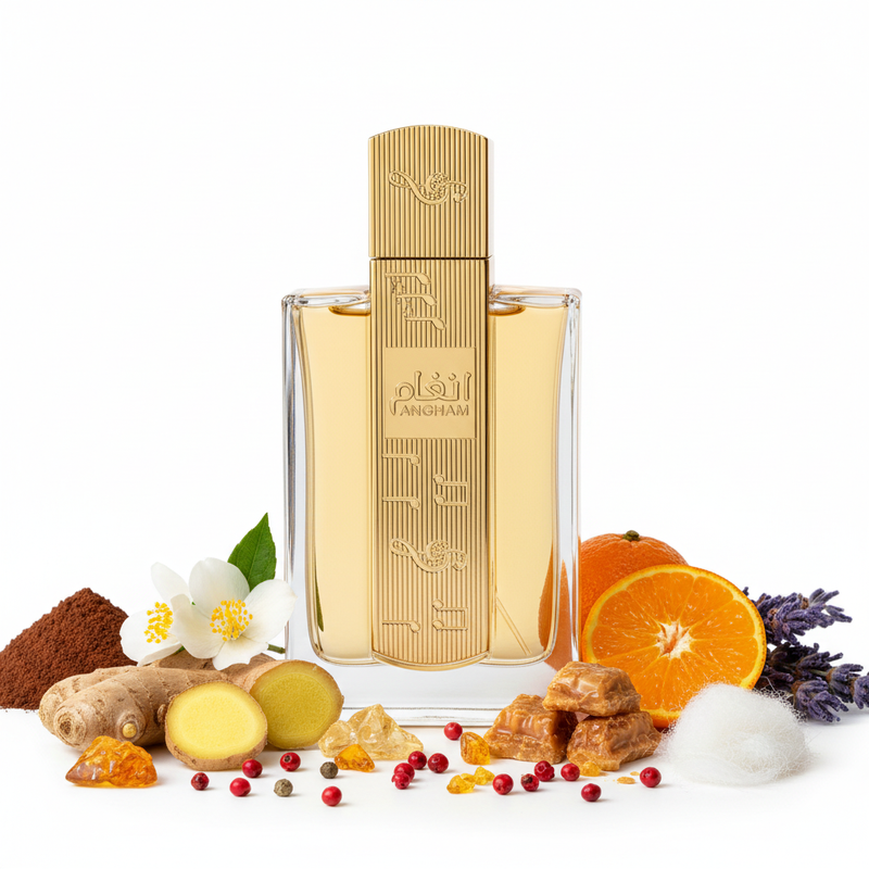 Gold perfume bottle with prominent fragrance ingredients