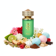 Green perfume bottle with gourmand floral fragrance notes