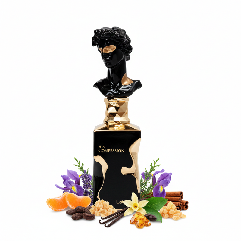 His Confession black perfume bottle with sculptural bust spicy woody notes