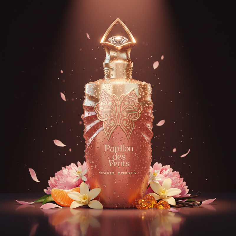 Imagen editorial de lujo Papillon des Vents de Paris Corner, botella jarrón rosa-dorado con gotas brillantes y mariposa dorada filigrana, tapa corona dorada, fondo rosa-negro profundo, peonías, azahar, vainilla y mandarina, atmósfera romántica y etérea estilo anuncio de alta perfumería femenina.
