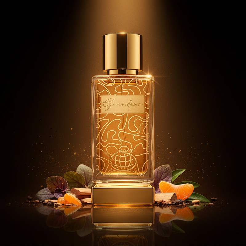Imagen editorial de lujo Grandeur de Fragrance World, botella rectangular ámbar-dorado con patrón remolinos grabados y firma cursiva Grandeur, base y tapa doradas pulidas, fondo negro profundo con resplandor dorado-ámbar cálido, hojas de violeta, mandarina, sándalo y cedro, atmósfera opulenta y refinada estilo anuncio de alta perfumería.