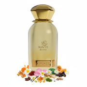 Ignite Rose Ahmed - frasco con notas olfativas: mandarina, bergamota, azafrán, durazno, miel, rosa de Damasco, oud, vainilla, ámbar
