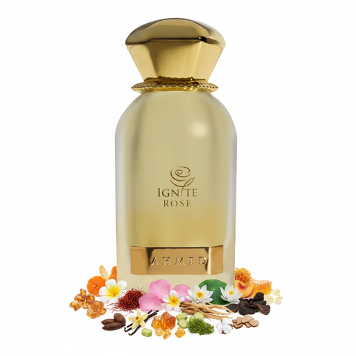 Ignite Rose Ahmed - frasco con notas olfativas: mandarina, bergamota, azafrán, durazno, miel, rosa de Damasco, oud, vainilla, ámbar