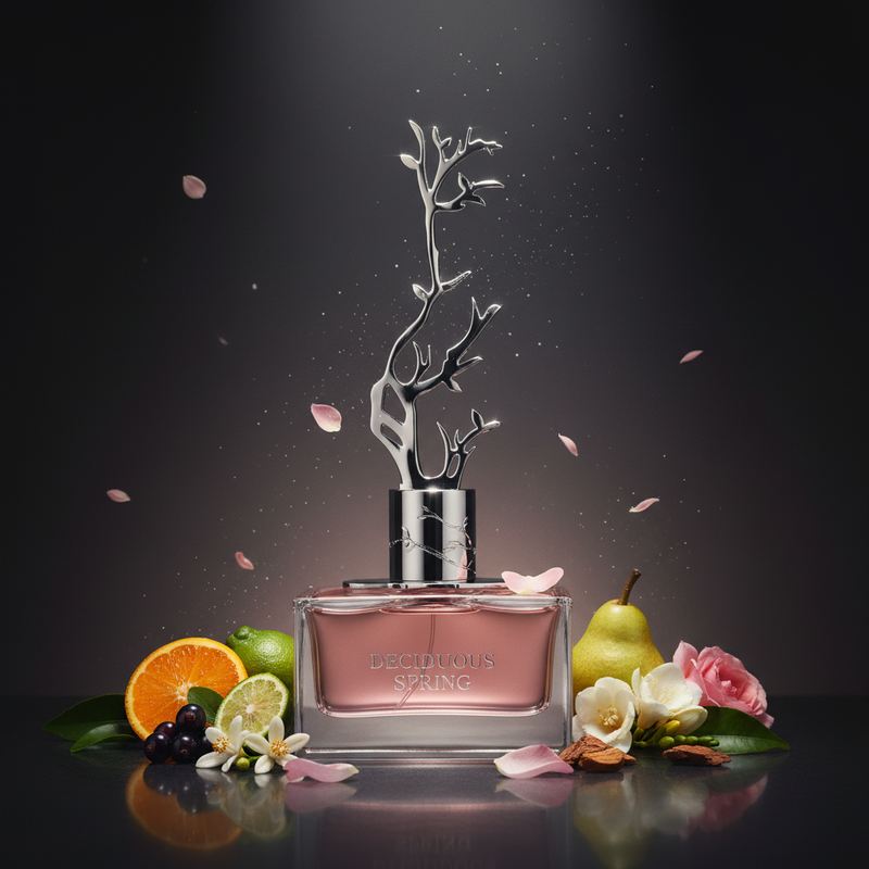 Imagen editorial de lujo Deciduous Spring EDP, botella plana con líquido rosa y espectacular escultura de árbol desnudo en ramas cromo plateado, fondo gris oscuro brumoso, pétalos de rosa, jazmín, fresia y grosellas, atmósfera poética y etérea estilo anuncio de perfumería nicho de lujo.
