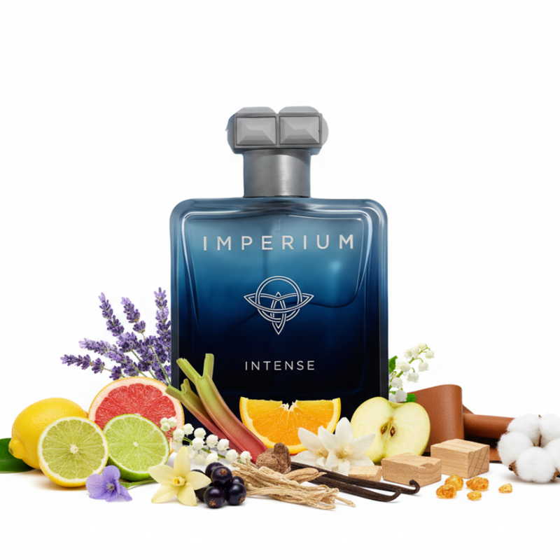 Frasco Imperium Intense de Fragrance World EDP, botella cuadrada redondeada con degradado azul zafiro a azul medianoche, texto plateado IMPERIUM, emblema céltico triquetra circular plateado en el centro, texto plateado INTENSE, tapa doble cubo gris mate, sobre fondo blanco, rodeado de bergamota, pomelo, lima, lavanda, ruibarbo, lirio del valle, naranja, nardo, manzana, vainilla, grosella negra, vetiver, cedro, maderas, violeta, cuero, ámbar y almizcle.