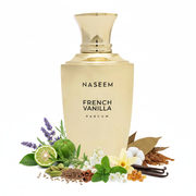 Frasco de perfume French Vanilla de Naseem Parfum, botella ánfora griega en oro dorado pulido espejo con texto negro NASEEM FRENCH VANILLA PARFUM, cuello cilíndrico dorado con anillos decorativos escalonados y pequeño remate dorado, sobre fondo blanco, rodeado de lavanda, bergamota, artemisia, cardamomo, canela, comino, menta verde, muguet, almizcle, vainilla, maderas secas, tabaco y benjuí.