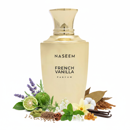 Frasco de perfume French Vanilla de Naseem Parfum, botella ánfora griega en oro dorado pulido espejo con texto negro NASEEM FRENCH VANILLA PARFUM, cuello cilíndrico dorado con anillos decorativos escalonados y pequeño remate dorado, sobre fondo blanco, rodeado de lavanda, bergamota, artemisia, cardamomo, canela, comino, menta verde, muguet, almizcle, vainilla, maderas secas, tabaco y benjuí.