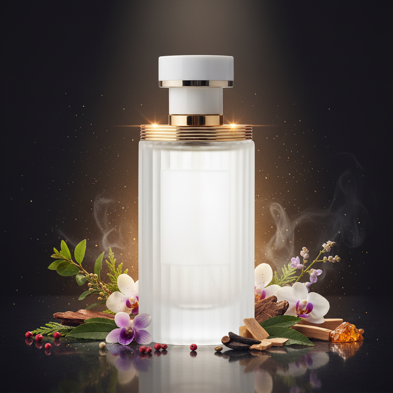 Imagen editorial de lujo Golden Hour de Liwan, botella cilíndrica blanca esmerilada acanalada con collar multi-anillo dorado y tapa blanca mate, fondo negro profundo con resplandor dorado cálido, violeta, orquídea, pimienta rosa y sándalo, atmósfera pura y luminosa estilo anuncio de alta perfumería.