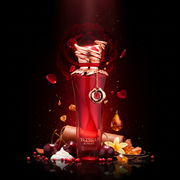 Imagen editorial de lujo Elyssia Scarlet de Riiffs, botella roja escarlata brillante con tapa alas fénix rose-gold espectacular, fondo negro profundo con resplandor carmesí, cereza negra, cuero, vainilla y ámbar, atmósfera sensual y dramática estilo anuncio de alta perfumería nicho.