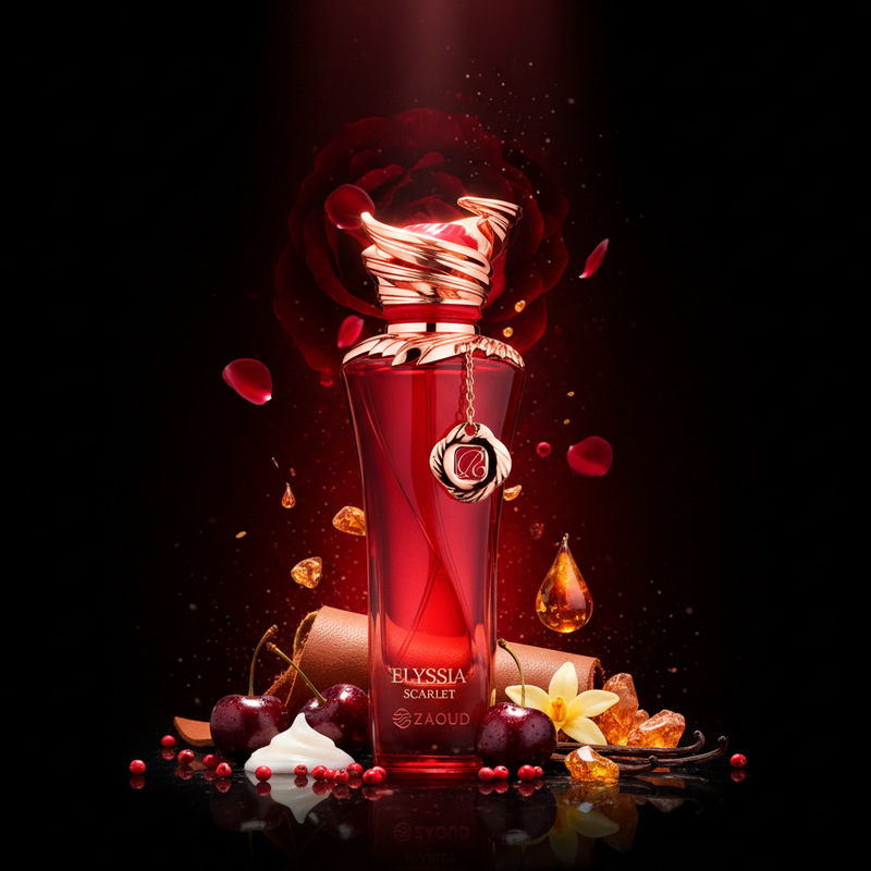 Imagen editorial de lujo Elyssia Scarlet de Riiffs, botella roja escarlata brillante con tapa alas fénix rose-gold espectacular, fondo negro profundo con resplandor carmesí, cereza negra, cuero, vainilla y ámbar, atmósfera sensual y dramática estilo anuncio de alta perfumería nicho.