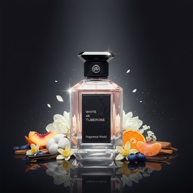 Imagen editorial de lujo White as Tuberose de Fragrance World, botella octagonal cristal transparente con etiqueta negra mate y texto blanco WHITE AS TUBEROSE, cordón trenzado negro en el cuello, tapa negra con medallón plateado, fondo negro profundo con resplandor blanco lunar, nardo, melocotón, flores blancas y sándalo, atmósfera pura y elegante estilo anuncio de alta perfumería.