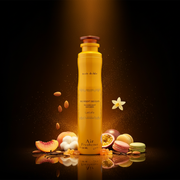 Imagen editorial de lujo Lattafa Decadent Delights Passion Fruit Macaron Air Freshener, lata aerosol amarillo brillante con texto marrón oscuro, fondo negro profundo con resplandor dorado-amarillo cálido, melocotón, almendras, macarón, maracuyá y vainilla, atmósfera dulce y alegre estilo anuncio de ambientador de lujo.