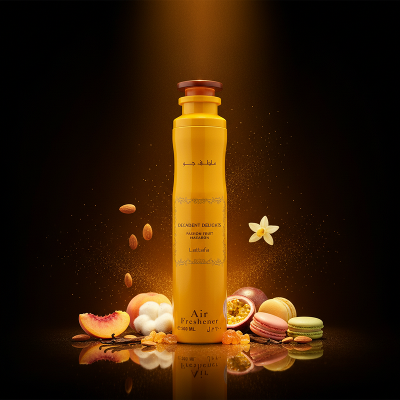 Imagen editorial de lujo Lattafa Decadent Delights Passion Fruit Macaron Air Freshener, lata aerosol amarillo brillante con texto marrón oscuro, fondo negro profundo con resplandor dorado-amarillo cálido, melocotón, almendras, macarón, maracuyá y vainilla, atmósfera dulce y alegre estilo anuncio de ambientador de lujo.