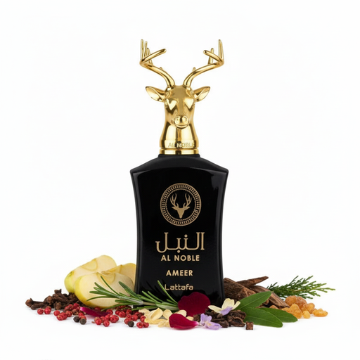 Frasco Al Noble Ameer de Lattafa EDP, botella rectangular negra brillante con silueta reloj de arena y cantos biselados, medallón circular dorado con ciervo y astas, caligrafía árabe النبل y texto dorado AL NOBLE AMEER Lattafa, tapa escultórica de cabeza de ciervo con grandes astas ramificadas en oro pulido, sobre fondo blanco, rodeado de manzana, pimienta rosa, romero, clavo, flores, oud, pachulí, ládano y ciprés.