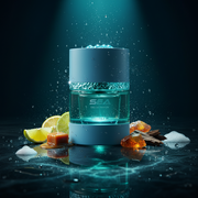 Imagen editorial de lujo Sea EDP de Al Majed Oud, frasco cilíndrico azul cielo y vidrio teal con banda hielo cristalizado, iluminación dramática sobre fondo azul océano profundo, limón, caramelo, ámbar y oud, atmósfera acuática fresca y lujosa estilo anuncio de alta perfumería.