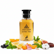 Frasco Jean Lowe Summer Vibes de Maison Alhambra EDP, botella rectangular redondeada en vidrio transparente con líquido ámbar dorado miel cálido, logo triangular hoja-árbol oscuro, texto JEAN LOWE y summer vibes itálica, logo ciervo y MAISON ALHAMBRA, cuello y tapa cilíndrica negra mate ancha, rodeado de grosellas negras, cilantro, naranja, cidra, limón, menta, zanahoria, rosa de mayo, chabacano, albahaca, almizcle, dátiles e higo.