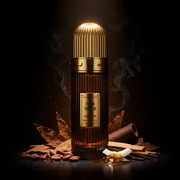 Imagen editorial de lujo Cuban Tobacco Extrait de Parfum de Ibrahem, botella acanalada marrón espresso con tapa cúpula dorada acanalada, iluminación dramática sobre fondo negro profundo con resplandor ámbar-tabaco, cacao, tabaco cubano, sándalo, miel y coco, atmósfera masculina y opulenta estilo anuncio de alta perfumería nicho.