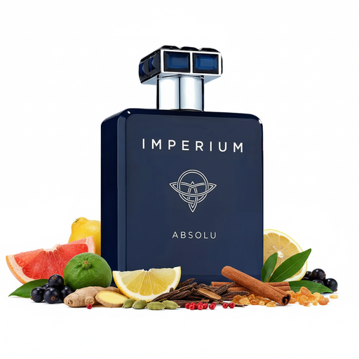 Frasco Imperium Absolu de Fragrance World EDP, botella cuadrada redondeada azul marino brillante, texto plateado IMPERIUM, emblema céltico triquetra plateado, texto plateado ABSOLU, cuello cilíndrico plateado y tapa doble cubo cromo con gemas rectangulares de zafiro azul, sobre fondo blanco, rodeado de pomelo, bergamota, grosella negra, limón, jengibre, canela, cardamomo, pimienta rosa, pachulí, vetiver y ámbar.