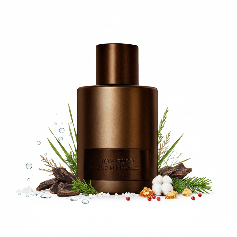 Frasco Tom Ford Oud Minérale EDP, botella cilíndrica ancha en bronce-marrón mate metálico cálido, placa rectangular oscura casi negra con texto embossed TOM FORD OUD MINÉRALE sutil, cuello cilíndrico estrecho y alto en bronce mate, rodeado de notas marinas, sal, oud, hierba marina, abeto balsámico, almizcle, ámbar, styrax y pimienta rosa.