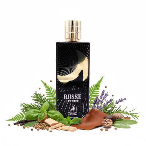Frasco de perfume Russe Leather de Maison Alhambra EDP, botella rectangular negra brillante con ilustración nocturna de luna creciente dorada y rayos plateados sobre paisaje de montaña, texto plateado RUSSE LEATHER Maison Alhambra EDP, tapón cilíndrico acanalado verticalmente en oro champán, sobre fondo blanco, rodeado de pino siberiano, helecho, albahaca, cedro, cilantro, lavanda, madera de gaiac, menta, romero, nuez moscada, cuero, ciprés, pachulí, esclarea y haba tonka.