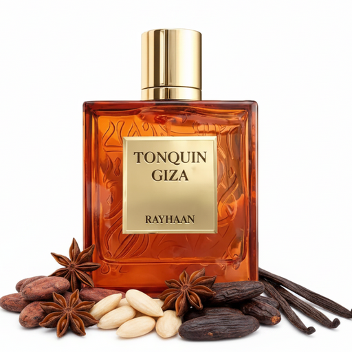 Frasco Tonquin Giza de Rayhaan EDP, botella cuadrada ancha en vidrio ámbar-coñac transparente con patrón arabesco en relieve tonal en toda la superficie, placa cuadrada dorada pulida con texto oscuro TONQUIN GIZA RAYHAAN, cuello ámbar corto, tapa cilíndrica alta dorada pulida, rodeado de cacao, especias, almendra amarga, cumarina, vainilla y tonka.