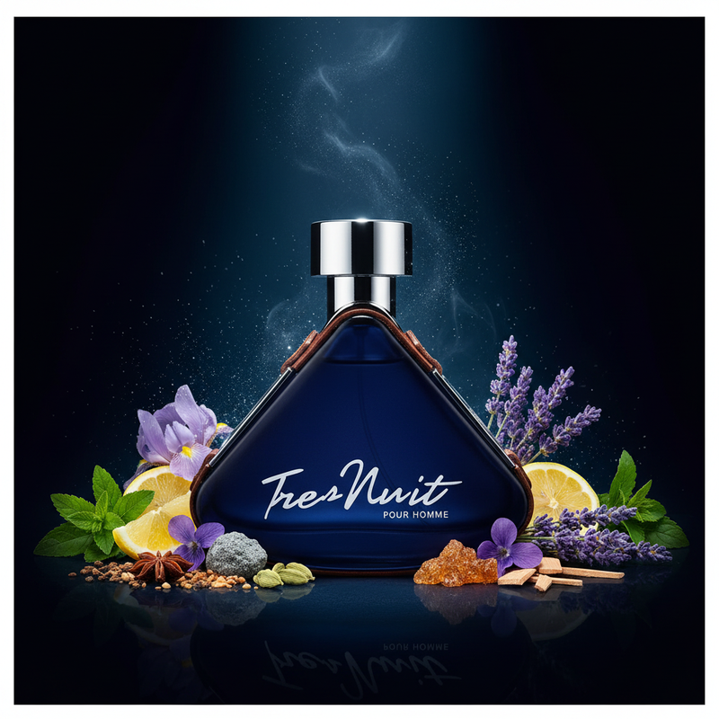 Imagen editorial de lujo Tres Nuit Pour Homme de Armaf, botella triangular azul marino con correa cuero marrón y tapa cromo plateada, fondo azul medianoche profundo, lavanda, iris, violeta y sándalo, atmósfera sofisticada y masculina estilo anuncio de alta perfumería.