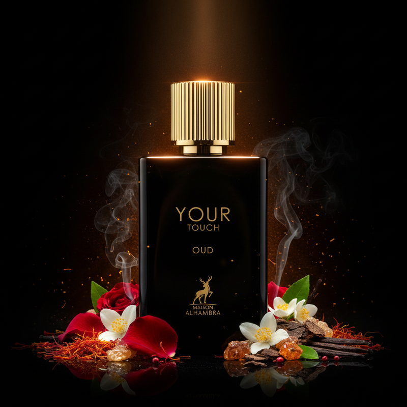 Imagen editorial de lujo Your Touch Oud de Maison Alhambra, botella negra brillante con tapa cilíndrica acanalada dorada, iluminación dramática sobre fondo negro profundo con resplandor dorado, azafrán, rosa, incienso con humo, oud y ámbar, atmósfera oscura y poderosa estilo anuncio de alta perfumería árabe.