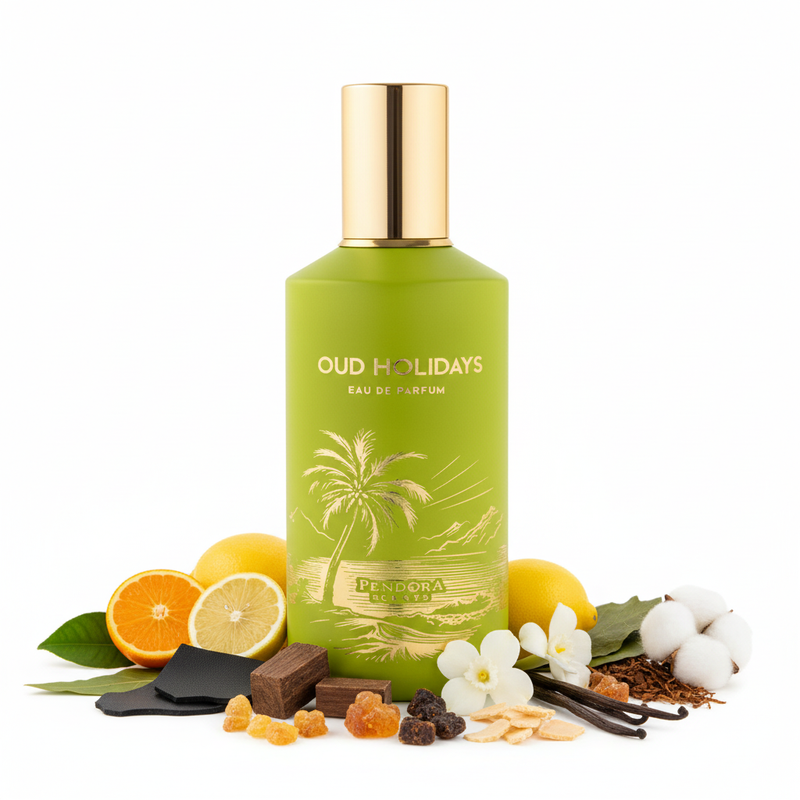Frasco de perfume Oud Holidays de Pendora Scents EDP, botella redondeada alta en verde oliva-lima mate con ilustración tropical grabada en oro de palmeras, rayos de sol y playa, texto blanco OUD HOLIDAYS EAU DE PARFUM, banner dorado Pendora, tapa cilíndrica ancha en oro champán pulido, sobre fondo blanco, rodeado de bergamota siciliana, mandarina, limón italiano, cuero negro, oud, sándalo, tuberosa india, vainilla, tabaco, ámbar, ládano y almizcle.