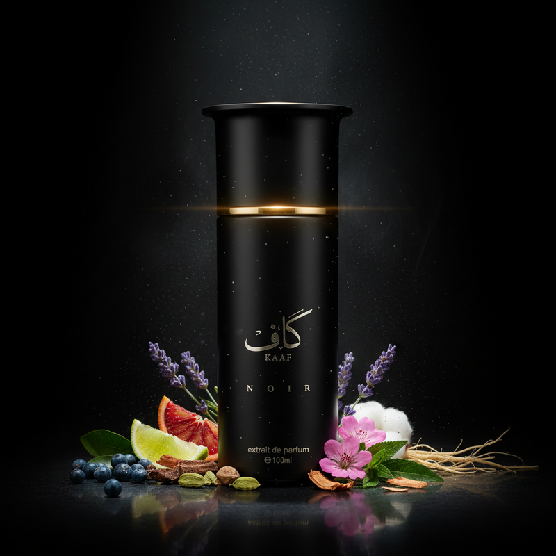 Imagen editorial de lujo Kaaf Noir Extrait de Parfum, botella cilíndrica dos niveles negro mate con franja dorada champagne y texto plateado كاف KAAF NOIR, fondo negro profundo con resplandor plateado lunar, bayas de enebro, naranja sanguína, lavanda, pachulí y vetiver, atmósfera oscura y sofisticada estilo anuncio de alta perfumería nicho.