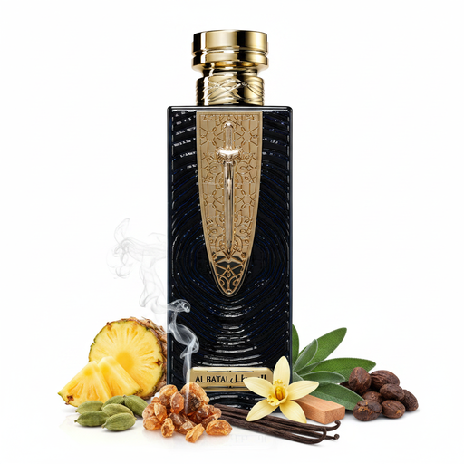 Frasco Al Batal de Lattafa Pride EDP, botella rectangular negra brillante con textura espiral en relieve, placa escudo dorada con arabesco islámico y espada 3D dorada, placa base dorada con AL BATAL y البطل, tapa cilíndrica dorada con patrón diamante, rodeado de piña, cardamomo, incienso, vainilla, salvia, pachulí, sándalo y tonka.