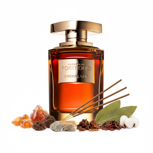 Portfolio Imperial Oud Al Haramain - Frasco con notas de ámbar, almizcle animal, incienso, ambrarome, mirra, madera de oud, pachulí y almizcle
