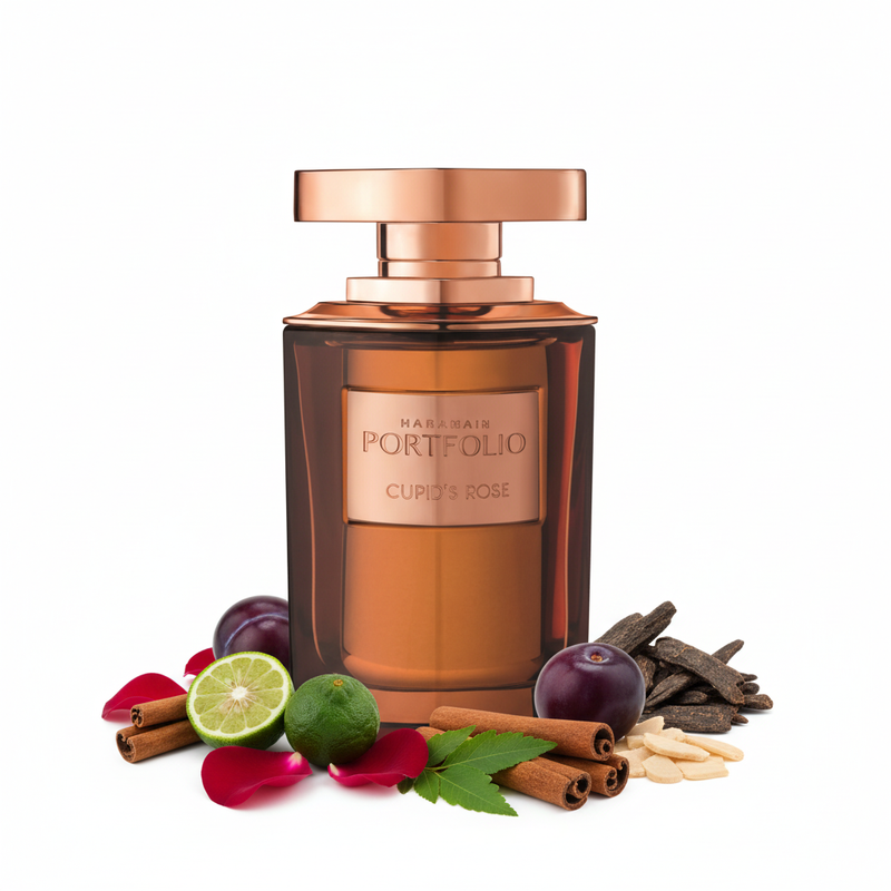 Portfolio Cupid's Rose Al Haramain - Frasco con notas de rosa, bergamota, ciruela, canela, cedro, pachulí, sándalo y oud