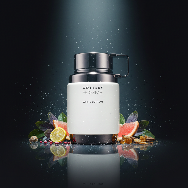 Imagen editorial de lujo Armaf Odyssey Homme White Edition, botella blanco mate con asa rectangular gunmetal oscuro distintiva, fondo negro profundo con resplandor azul-gris marino, pimienta rosa, yuzu, pomelo y ámbar, atmósfera fresca y masculina estilo anuncio de alta perfumería.