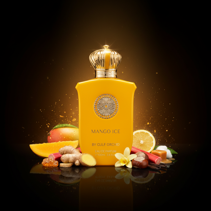 Imagen editorial de lujo Mango Ice de Gulf Orchid, botella amarillo vibrante con medallón girasol plateado y tapa corona dorada espectacular, fondo negro profundo con resplandor dorado-tropical, mango, limón, vainilla y caramelo, atmósfera tropical y alegre estilo anuncio de alta perfumería.