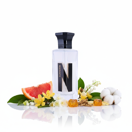 Frasco de perfume Summer 69 de Naseem Aqua Parfum, botella rectangular alta en vidrio cristal transparente con gran letra N tridimensional en negro brillante con diagonal dorada y texto vertical SUMMER69 en negro, tapa geométrica hexagonal ancha en negro brillante con texto NASEEM, sobre fondo blanco, rodeado de pomelo, hojas verdes, frutas, osmanto, raíz de lirio, rosa, muguete, jazmín, vetiver, gamuza, ámbar y almizcle.