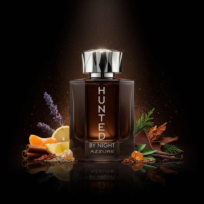 Imagen editorial de lujo Hunted by Night de Azzure, botella cuadrada marrón oscuro brillante con texto blanco HUNTED BY NIGHT AZZURE y tapa multifacetada cromo plateado espectacular, fondo negro profundo con resplandor marrón oscuro, canela, tabaco, cuero y pachulí, atmósfera oscura y masculina estilo anuncio de alta perfumería.