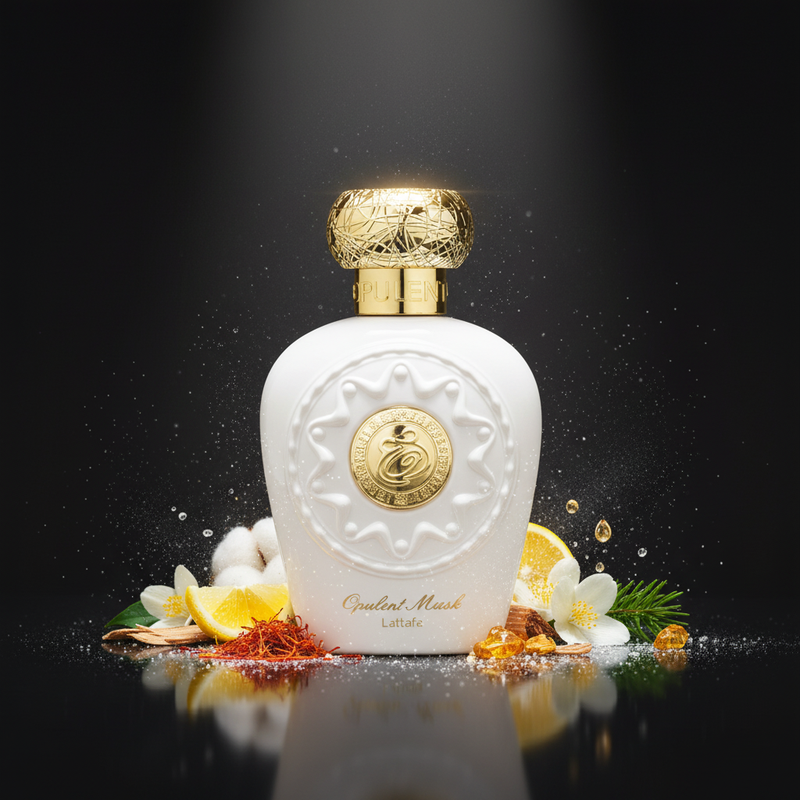 Imagen editorial de lujo Opulent Musk de Lattafa, botella blanca mate martillada con medallón dorado y tapa cúpula dorada enrejada, fondo negro profundo, almizcle blanco, azafrán dorado, jazmín y resina ámbar, atmósfera pura y luminosa estilo anuncio de alta perfumería árabe.