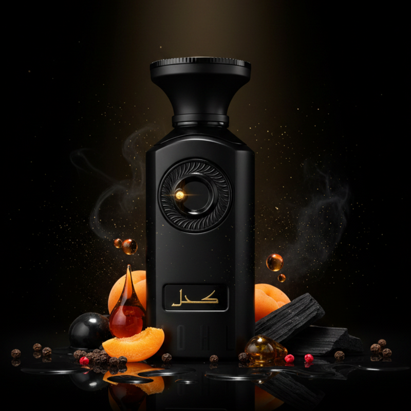 Imagen editorial de lujo Kohl de Majda Bekkali, botella rectangular negro mate con dial circular acanalado y punto dorado brillante, caligrafía árabe dorada, cuello disco ancho negro mate, fondo negro absoluto con resplandor dorado sutil, tinta, pimienta negra, albaricoque y ébano, atmósfera oscura y misteriosa estilo anuncio de perfumería nicho.
