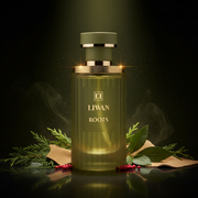 Imagen editorial de lujo Roots de Liwan, botella cilíndrica verde oliva esmerilada acanalada con collar multi-anillo dorado y tapa verde oliva mate, fondo verde bosque oscuro profundo, ciprés, pachulí, pimienta rosa y gamuza, atmósfera botánica y sofisticada estilo anuncio de alta perfumería.