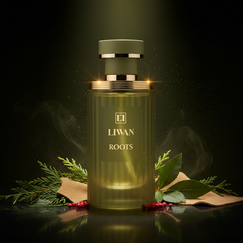 Imagen editorial de lujo Roots de Liwan, botella cilíndrica verde oliva esmerilada acanalada con collar multi-anillo dorado y tapa verde oliva mate, fondo verde bosque oscuro profundo, ciprés, pachulí, pimienta rosa y gamuza, atmósfera botánica y sofisticada estilo anuncio de alta perfumería.