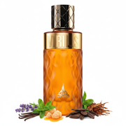 Frasco Virilis de Paris Corner EDP, botella cilíndrica alta en ámbar cognac con textura panal de abeja en relieve, banda dorada con texto VIRILIS grande en dorado, logo llama dorada y texto PARIS CORNER, tapa cilíndrica con patrón diamante negro y dorado, rodeado de lavanda, menta, vainilla, benjuí, miel, tonka y tabaco.